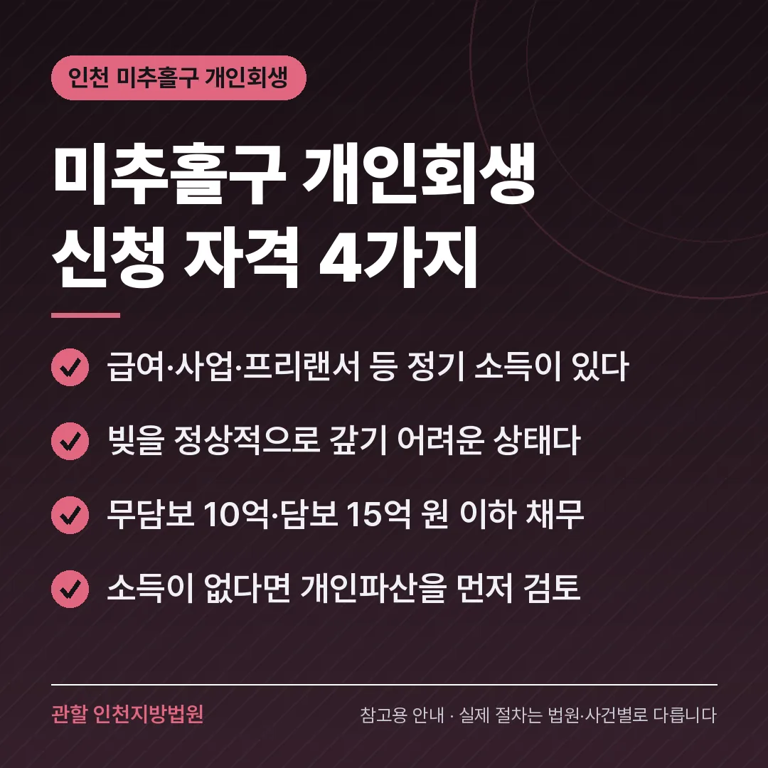 인천 미추홀구 개인회생 신청 자격 4가지 인천 미추홀구 개인회생 신청 자격 4가지