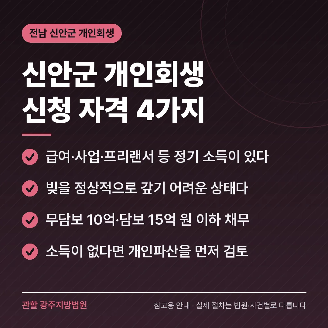 전남 신안군 개인회생 신청 자격 4가지 전남 신안군 개인회생 신청 자격 4가지